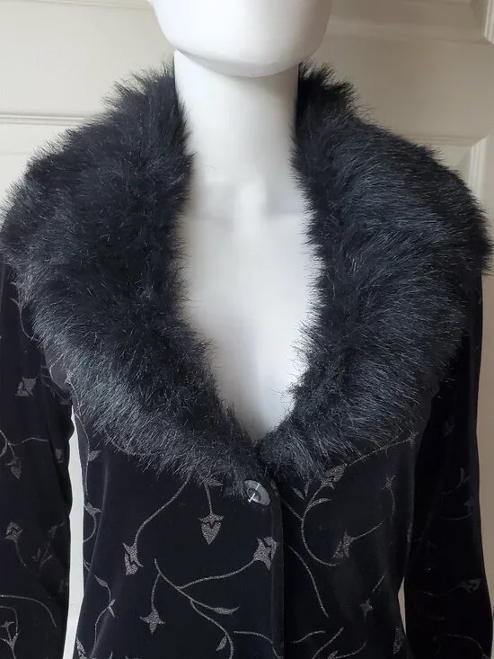 Fredericks Of Hollywood Black Velour Velvet Faux Fur Collar Coat Size Small - Picture 4 of 10